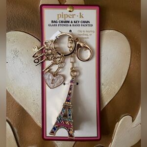 Piper K Glass Stones & Hand Painted Bag Charm w/Eiffel Tower, Heart Lock, & Keys